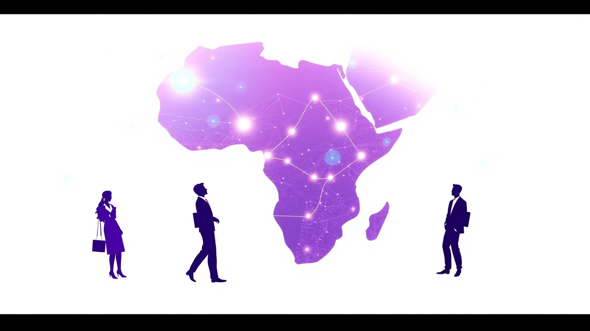 African professionals connected by a glowing digital data network across the continent