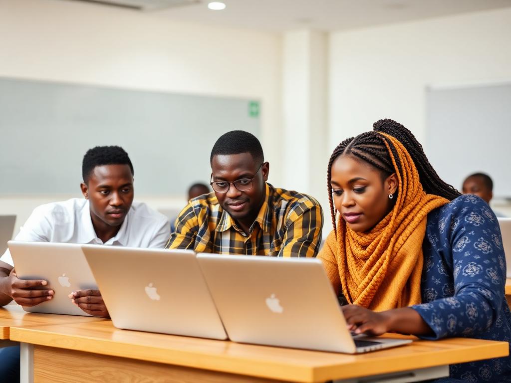 African students and teacher using laptops in a modern classroom
