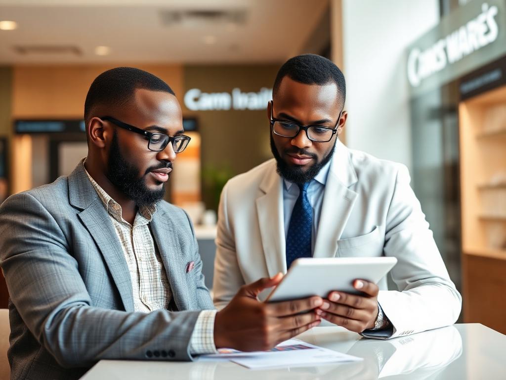 Bank advisor and client reviewing financial charts on a tablet