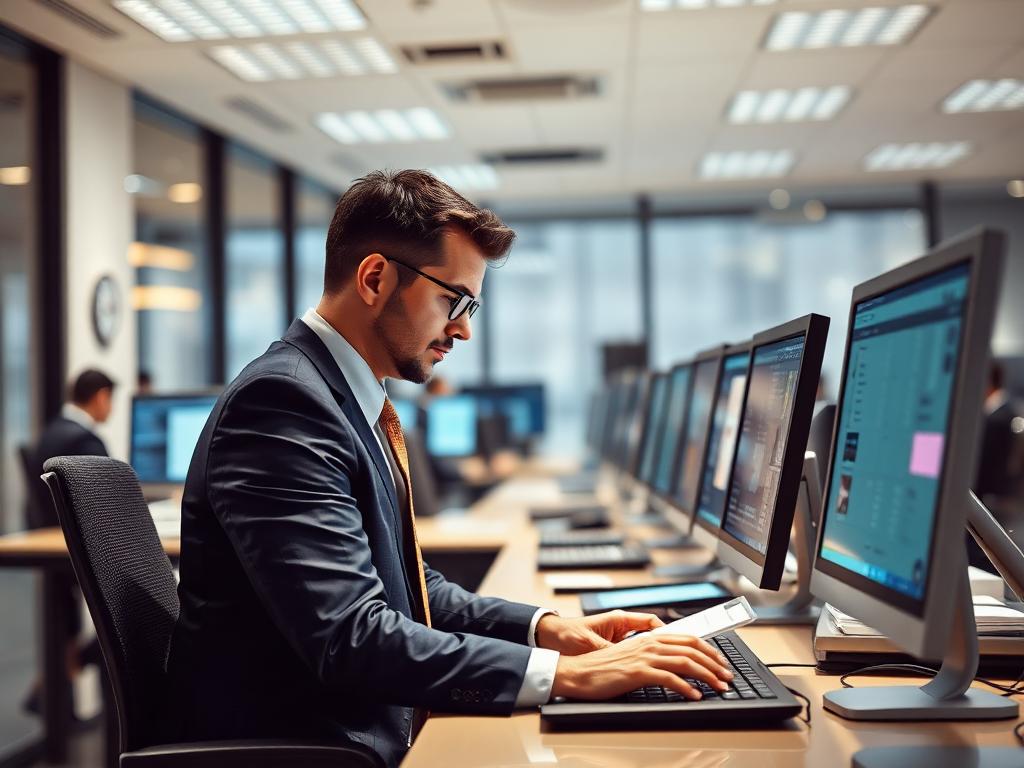 Civil servants working with digital records in a public administration office