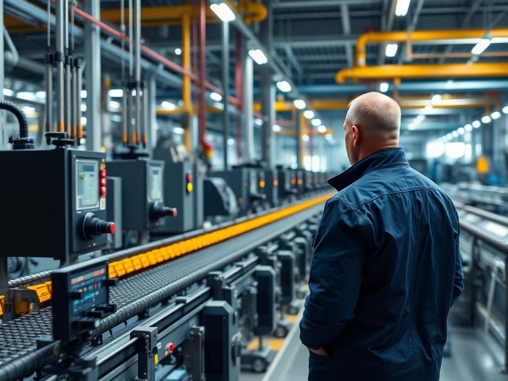 Engineer monitoring a digital control panel on a factory production line