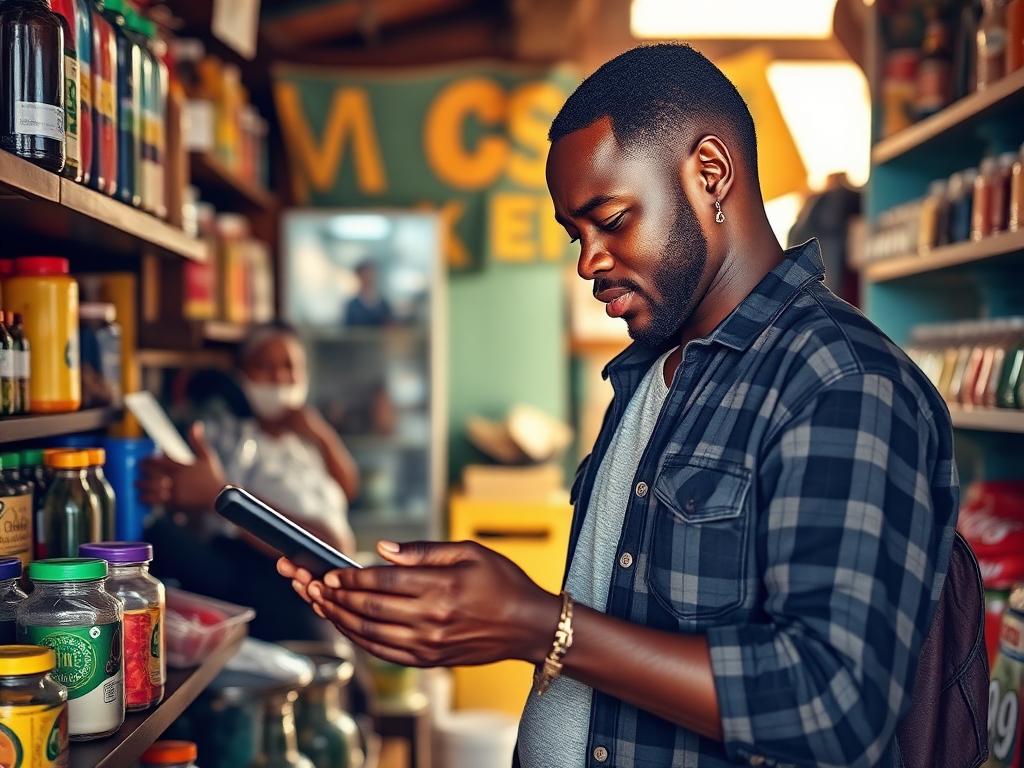 Small business owner using a tablet for inventory in an African shop