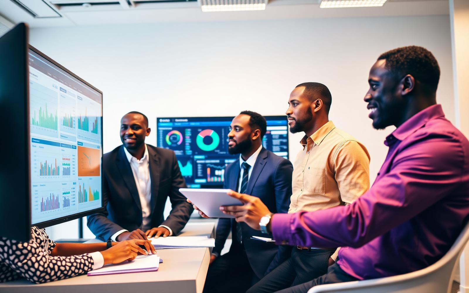 African business team reviewing data dashboards in a modern office