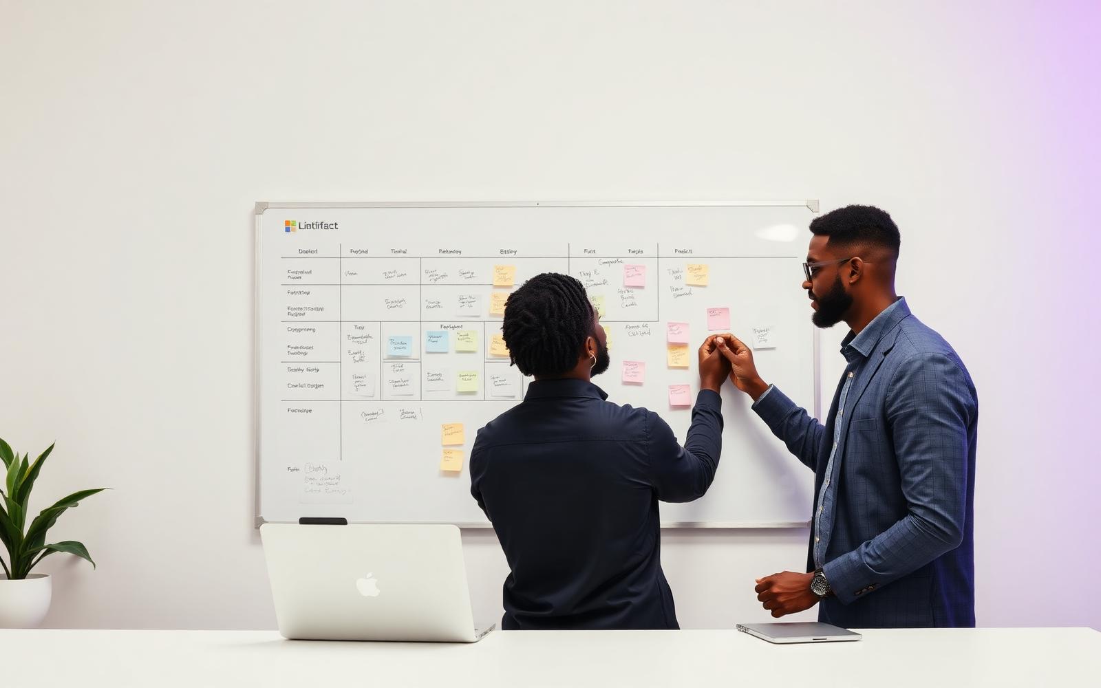 Two engineers planning a project roadmap on a whiteboard