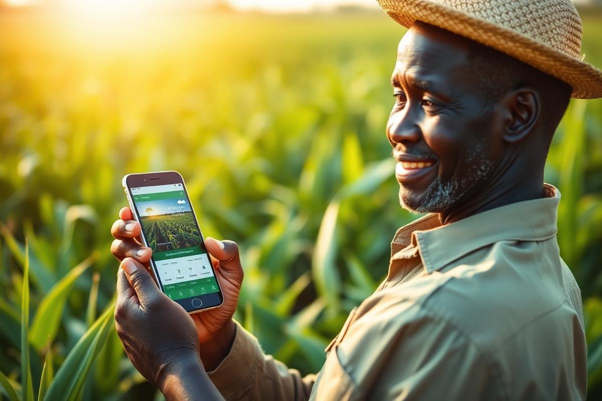 Farmer using an AI crop and weather advisory app in a field