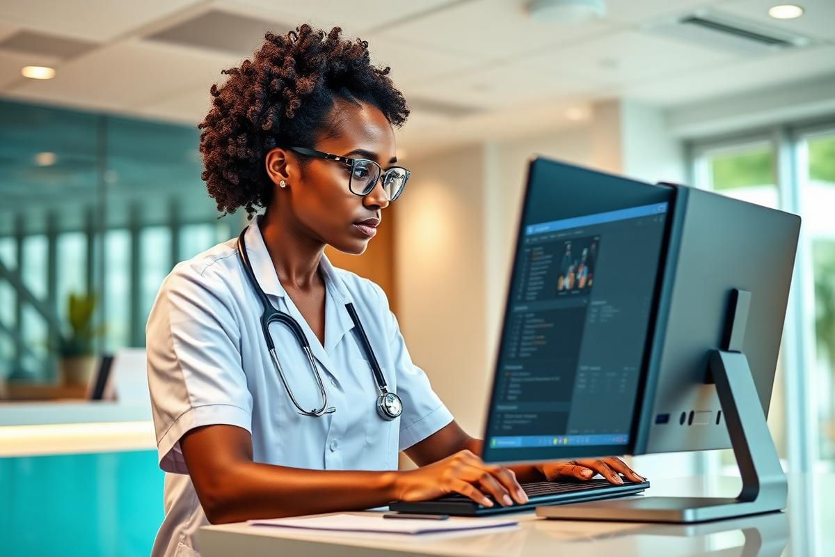 Nurse using a clinic patient management system at a reception desk