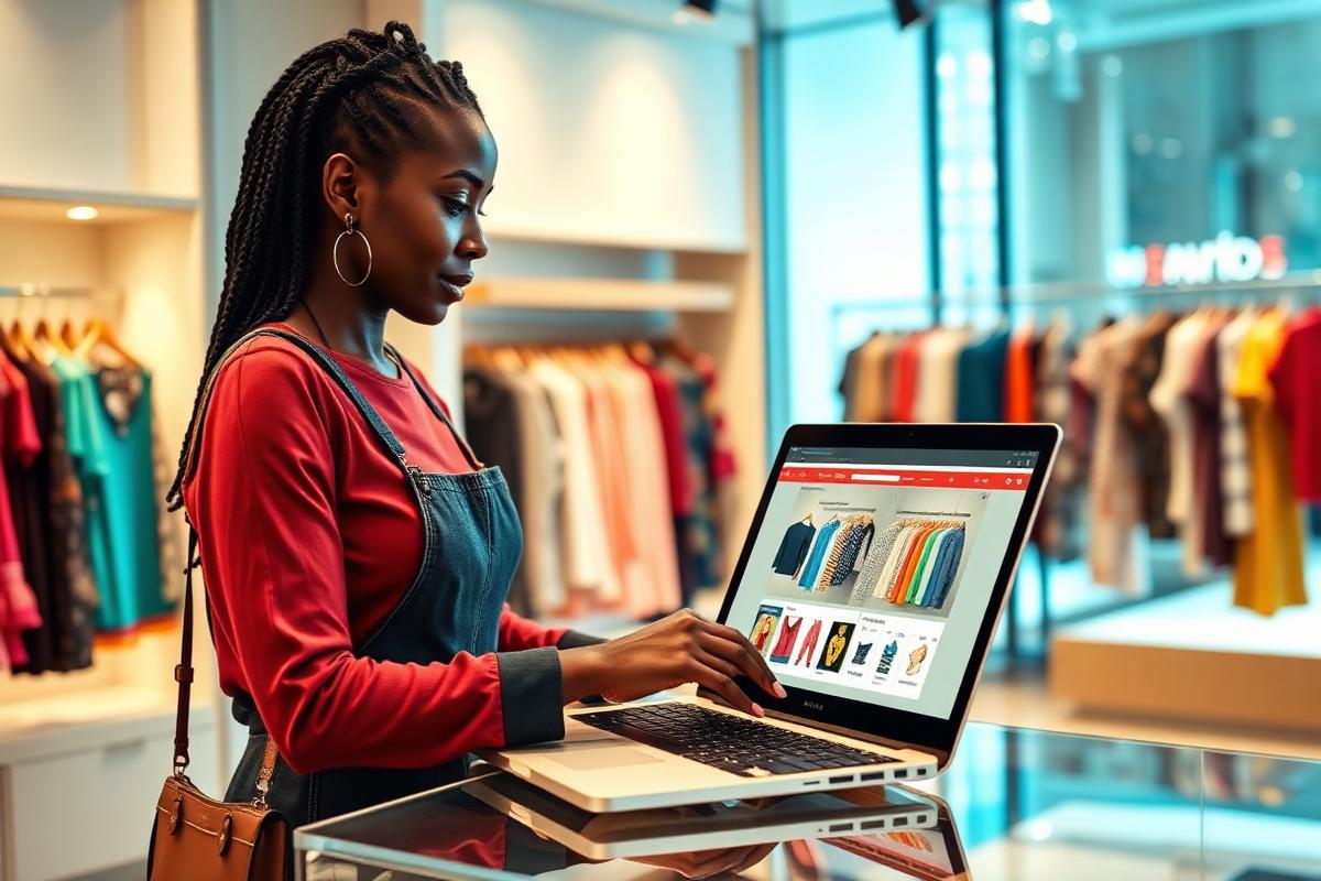 Fashion boutique owner managing an online storefront on a laptop