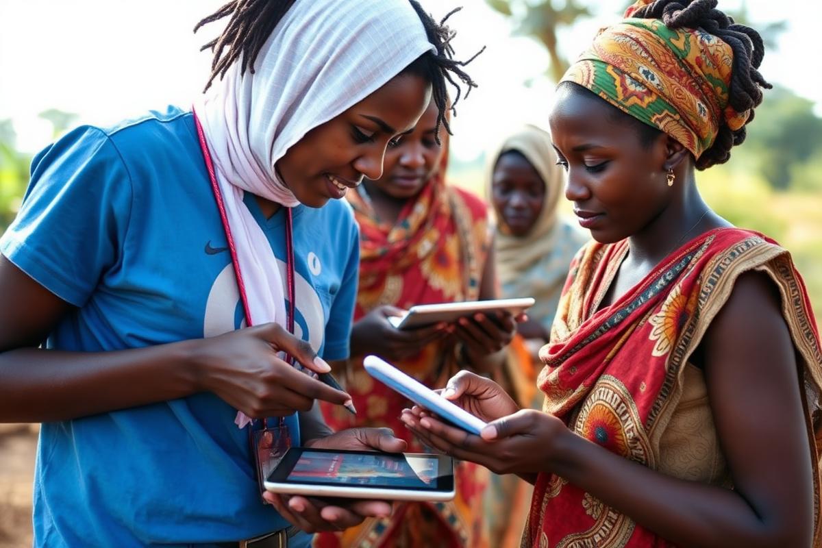 NGO field workers collecting community data on tablets