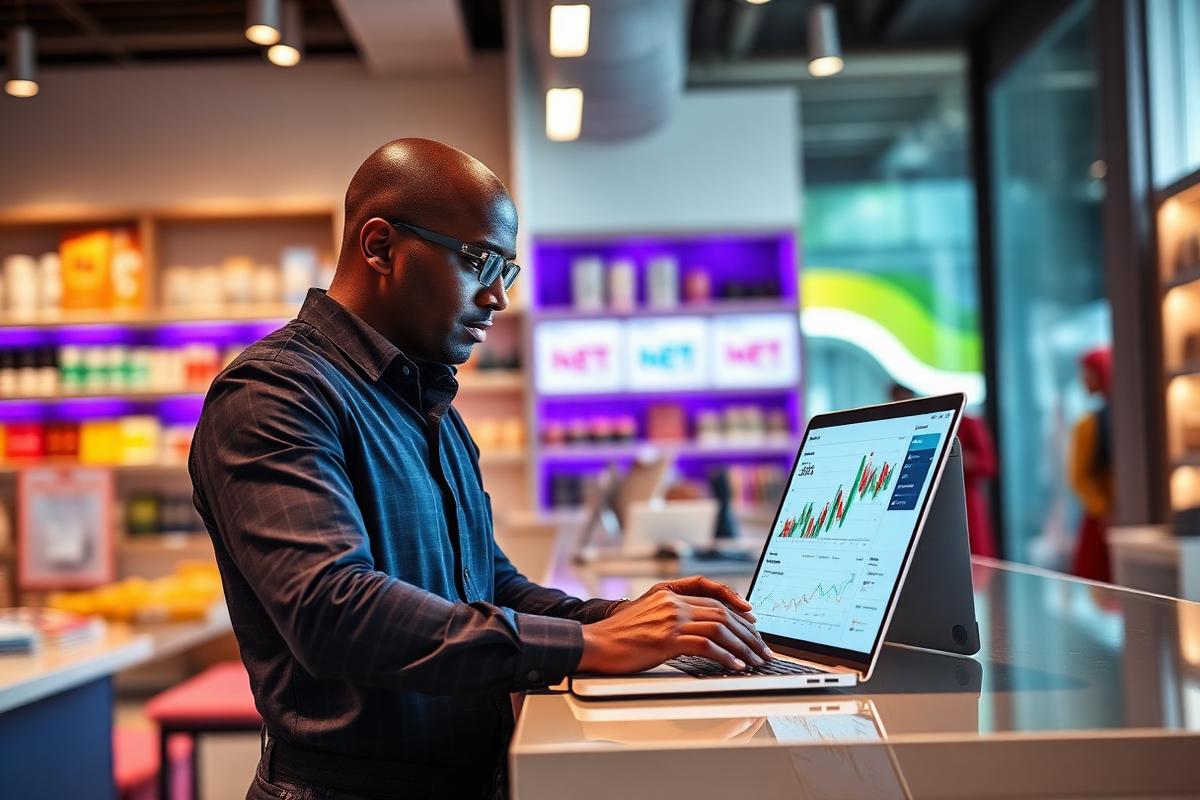 Shop manager reviewing retail sales dashboards on a laptop