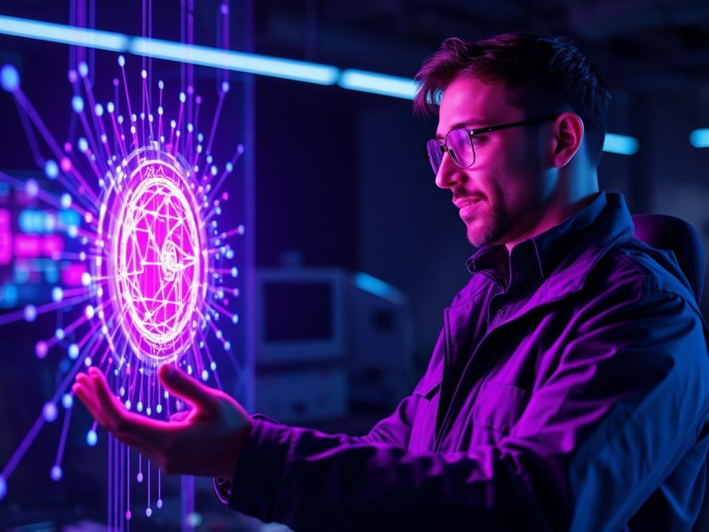 Engineer interacting with a glowing neural network hologram