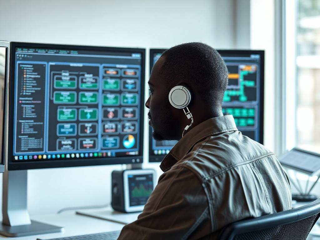 Office worker monitoring automated workflow diagrams on dual monitors