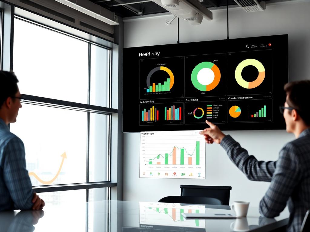 Business intelligence dashboard with KPI widgets on a large monitor