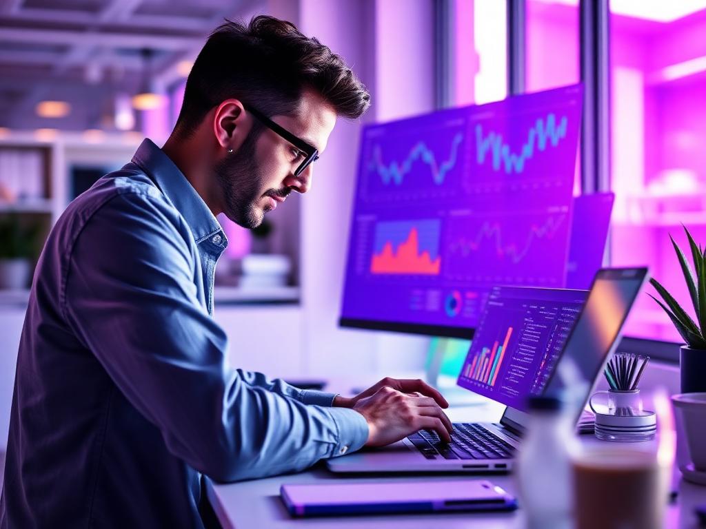 Analyst studying colorful charts and graphs on a laptop