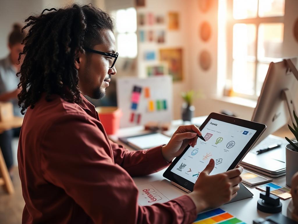 Graphic designer working on brand identity with color swatches and a tablet