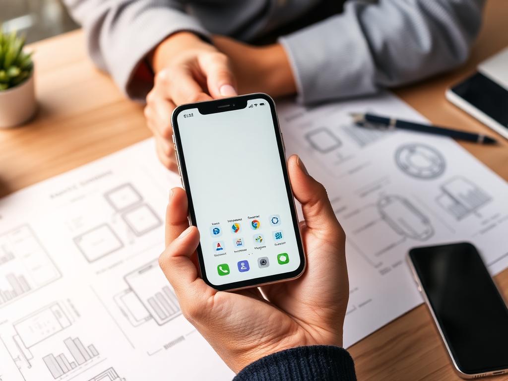 Hands holding a smartphone showing a clean mobile app interface