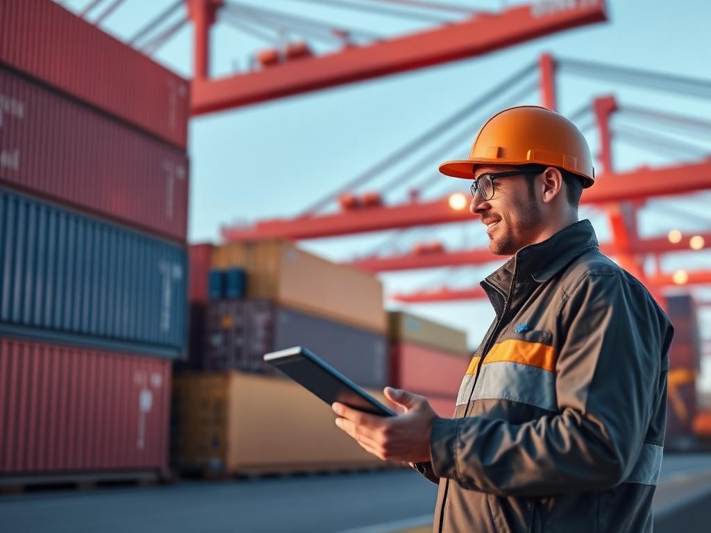 Logistics manager with a tablet in front of shipping containers at a port