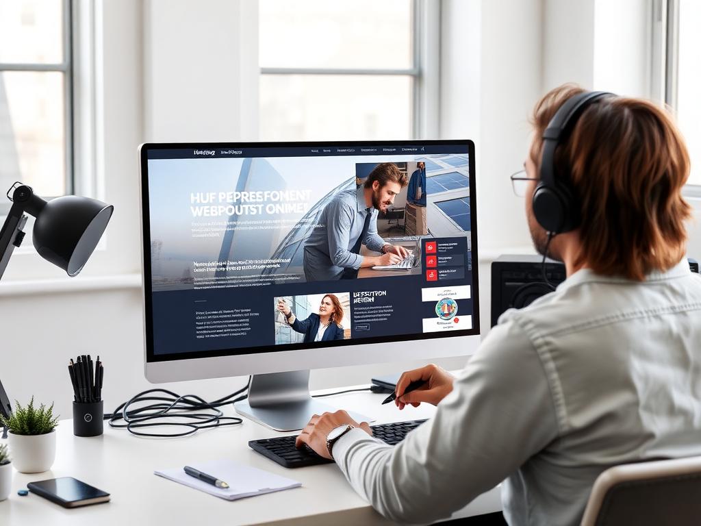 Designer building a modern responsive website on a large screen